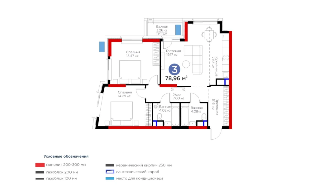 3-комнатная квартира 78.96 м²  6/6 этаж