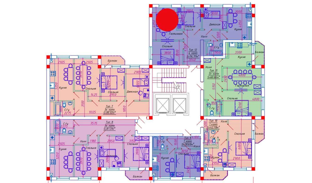 4-xonali xonadon 74.77 m²  6/6 qavat