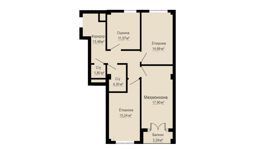 3-комнатная квартира 82 м²  3/3 этаж