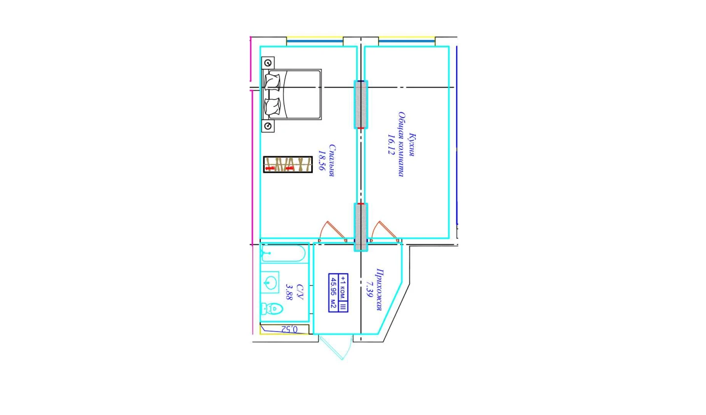 1-комнатная квартира 45.95 м²  1/1 этаж