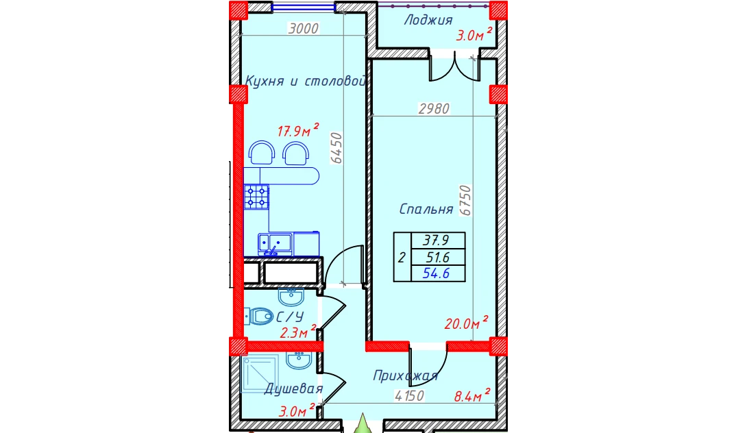 2-комнатная квартира 54.6 м²  7/7 этаж