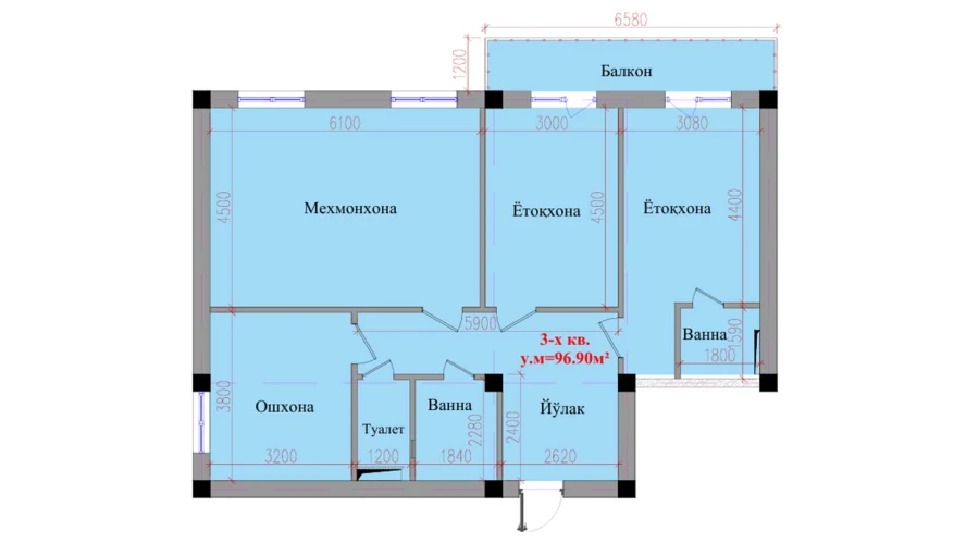 3-xonali xonadon 96.9 m²  6/6 qavat