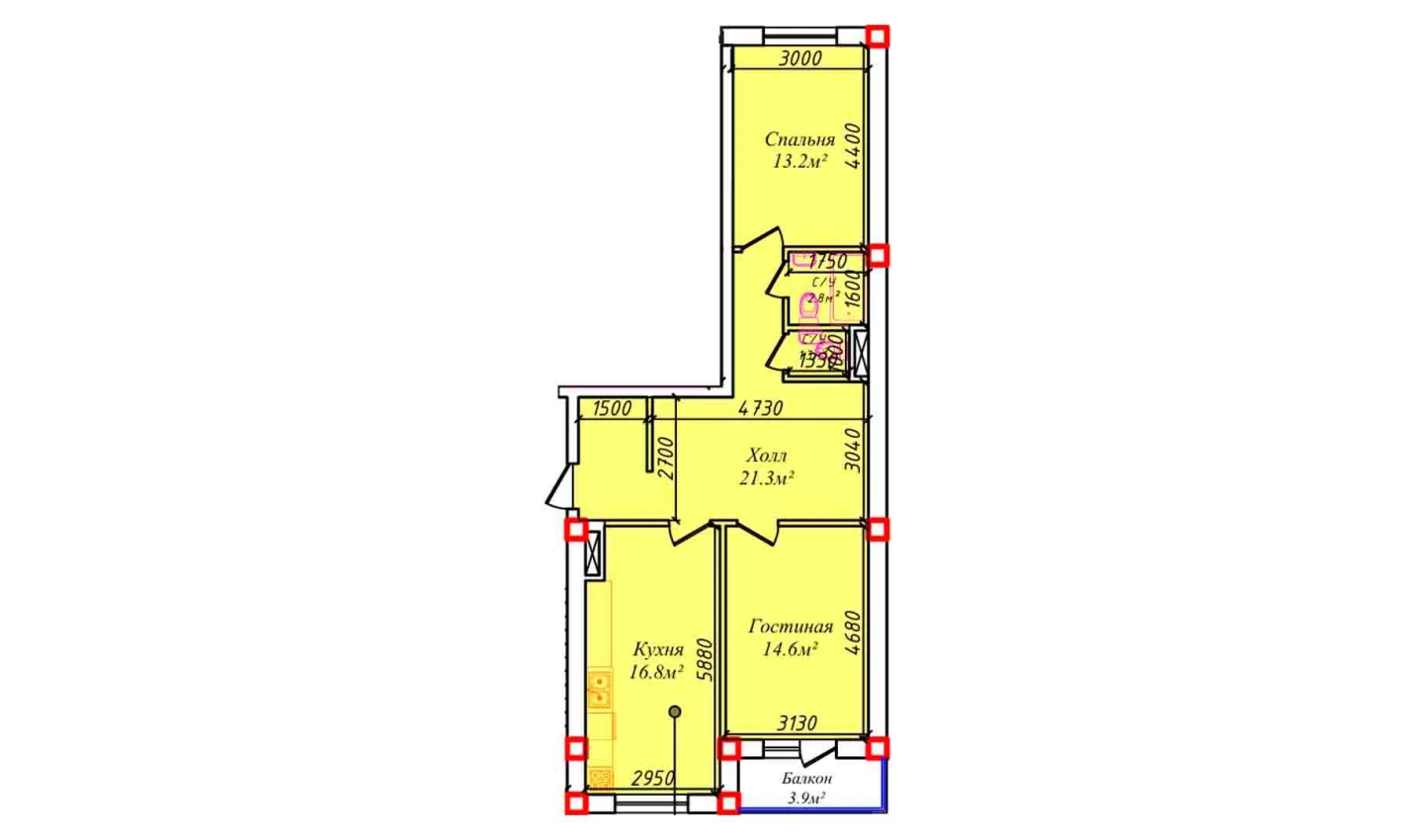 2-xonali xonadon 74.8 m²  4/4 qavat