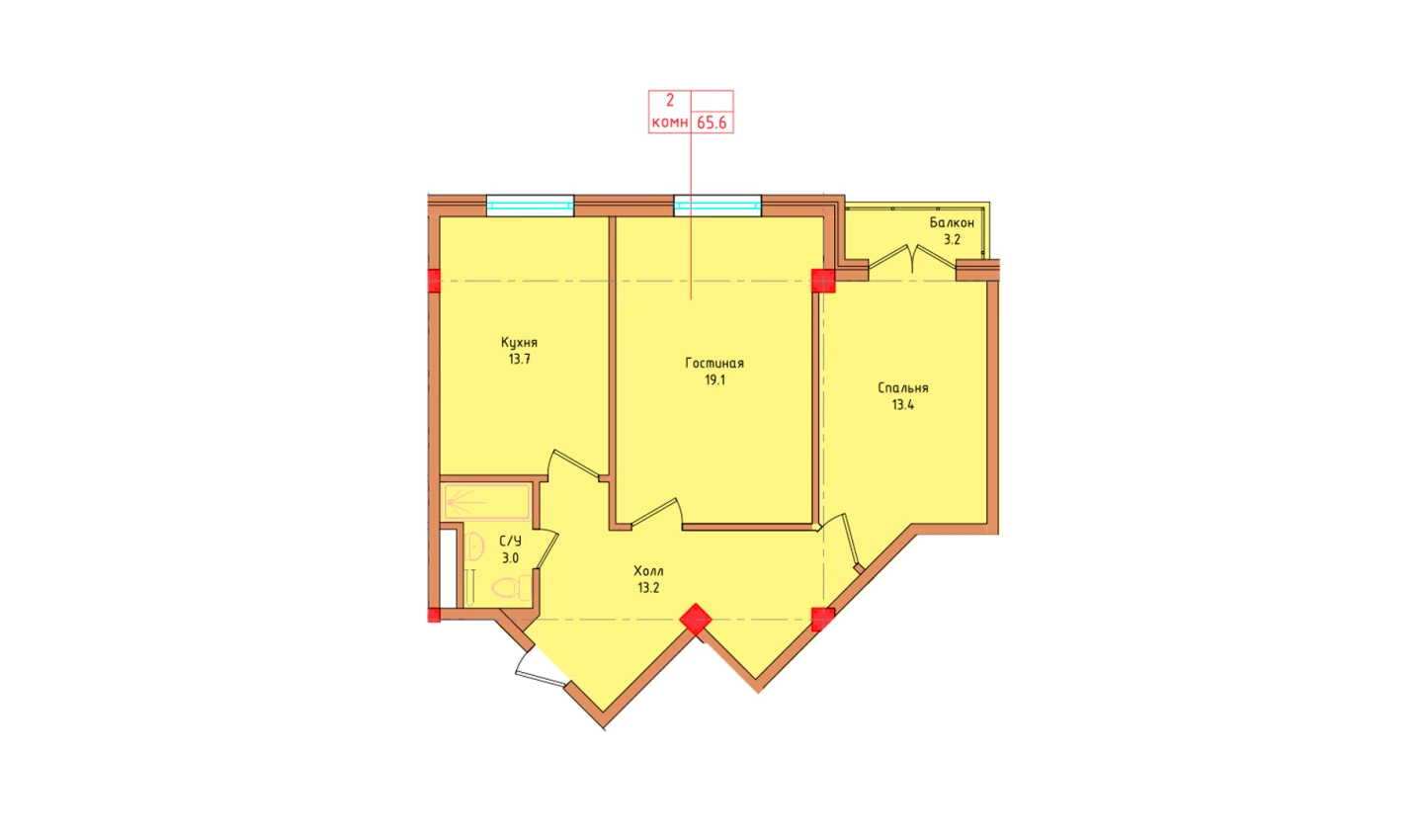 2-комнатная квартира 63.47 м²  3/3 этаж