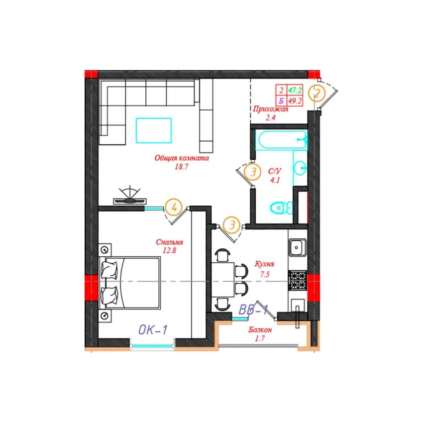 2-комн. квартира 49.2 м²  3/12 этаж | Жилой комплекс CHINARA PARK