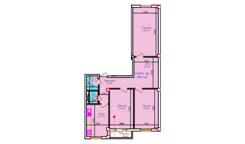 3-xonali xonadon 94.4 m²  7/7 qavat | CHIRCHIQ CITY Turar-joy majmuasi