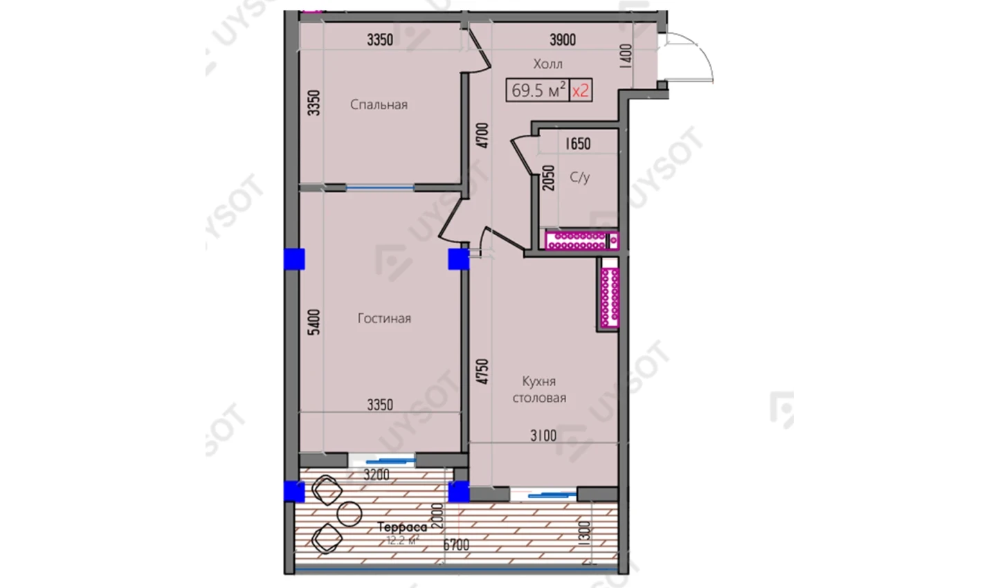 2-комнатная квартира 69.5 м²  4/4 этаж