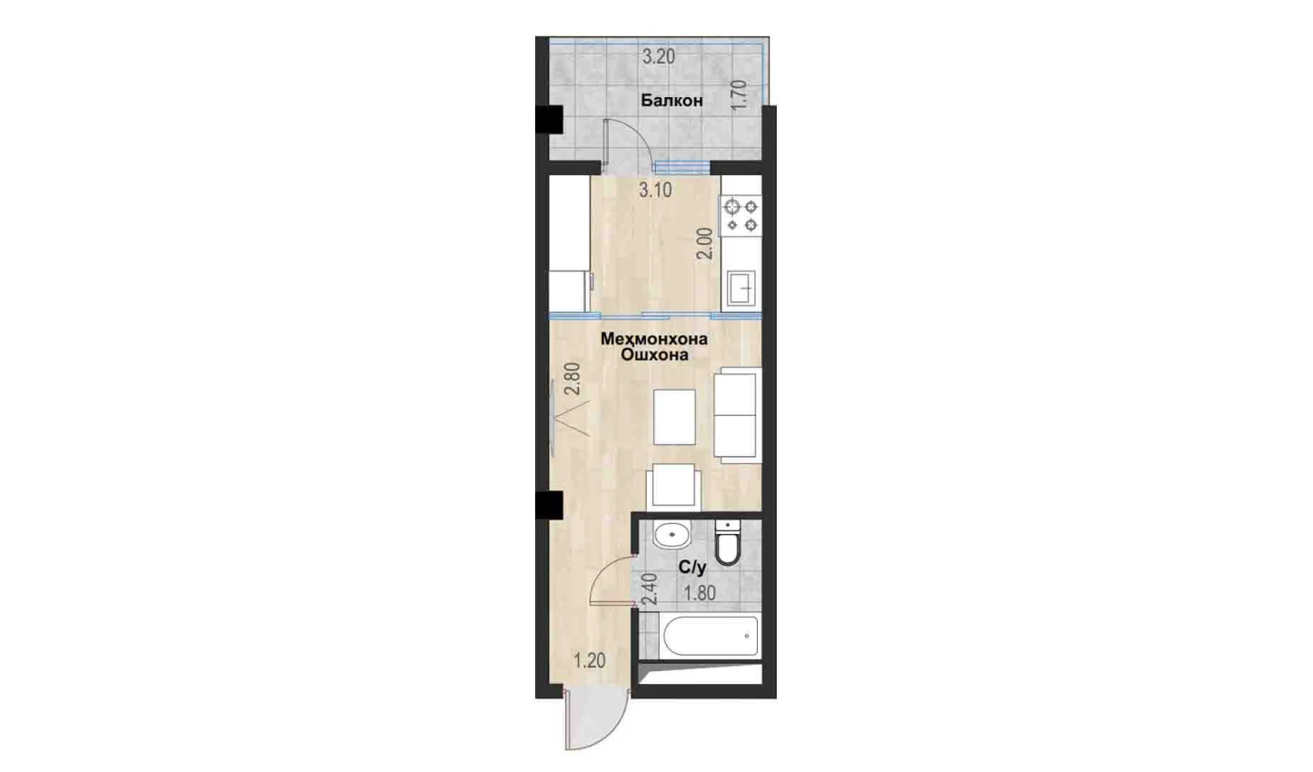 1-xonali xonadon 27.6 m²  6/7 qavat | Bochka Resort Turar-joy majmuasi