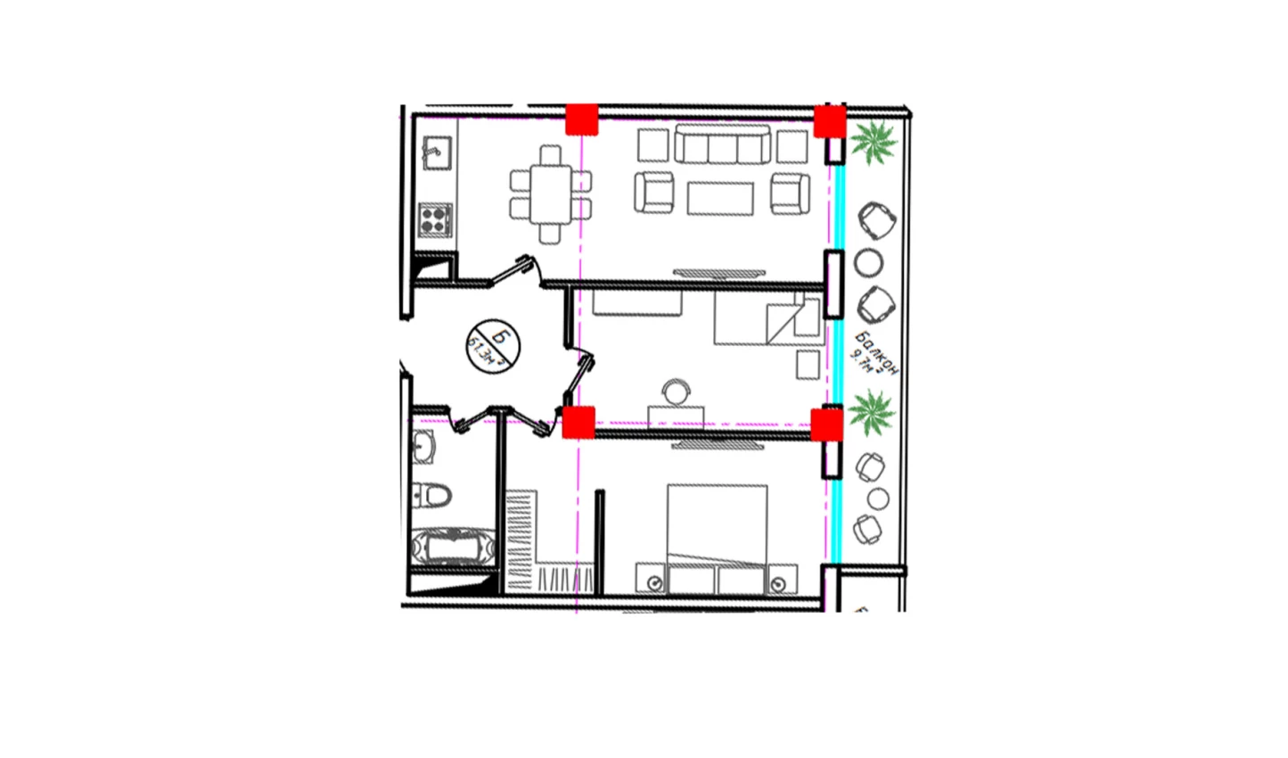 2-xonali xonadon 61.3 m²  24/24 qavat