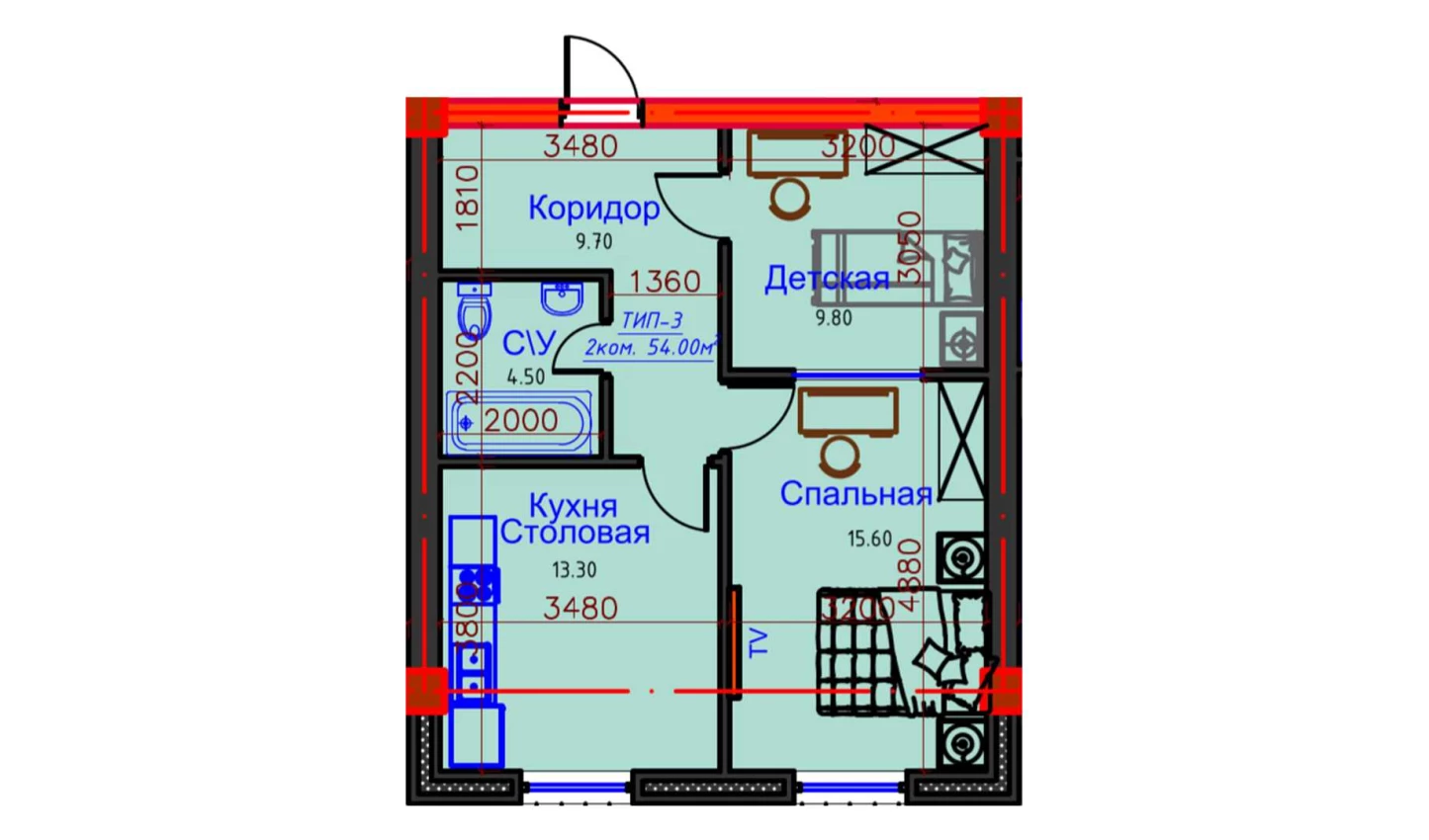 2-комнатная квартира 54 м²  1/1 этаж