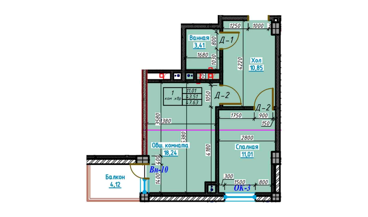 2-комнатная квартира 47.6 м²  2/2 этаж