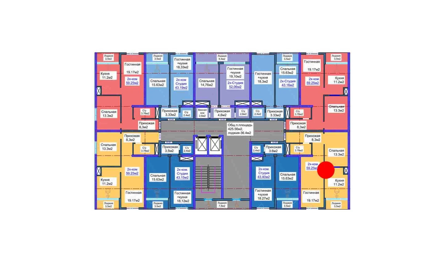 2-xonali xonadon 59.25 m²  15/15 qavat