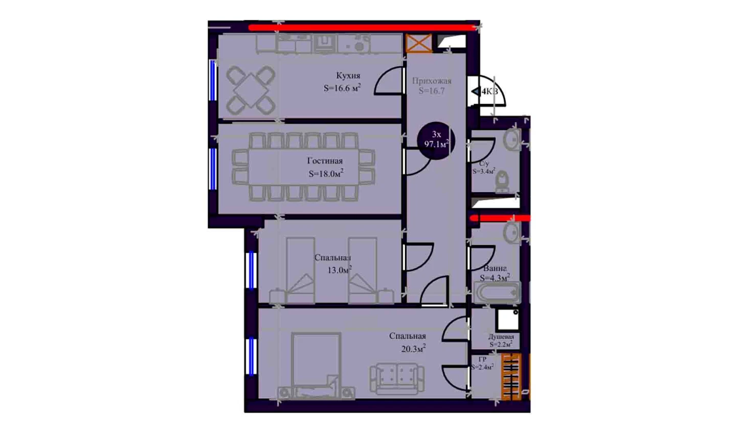 3-комнатная квартира 97.1 м²  8/8 этаж