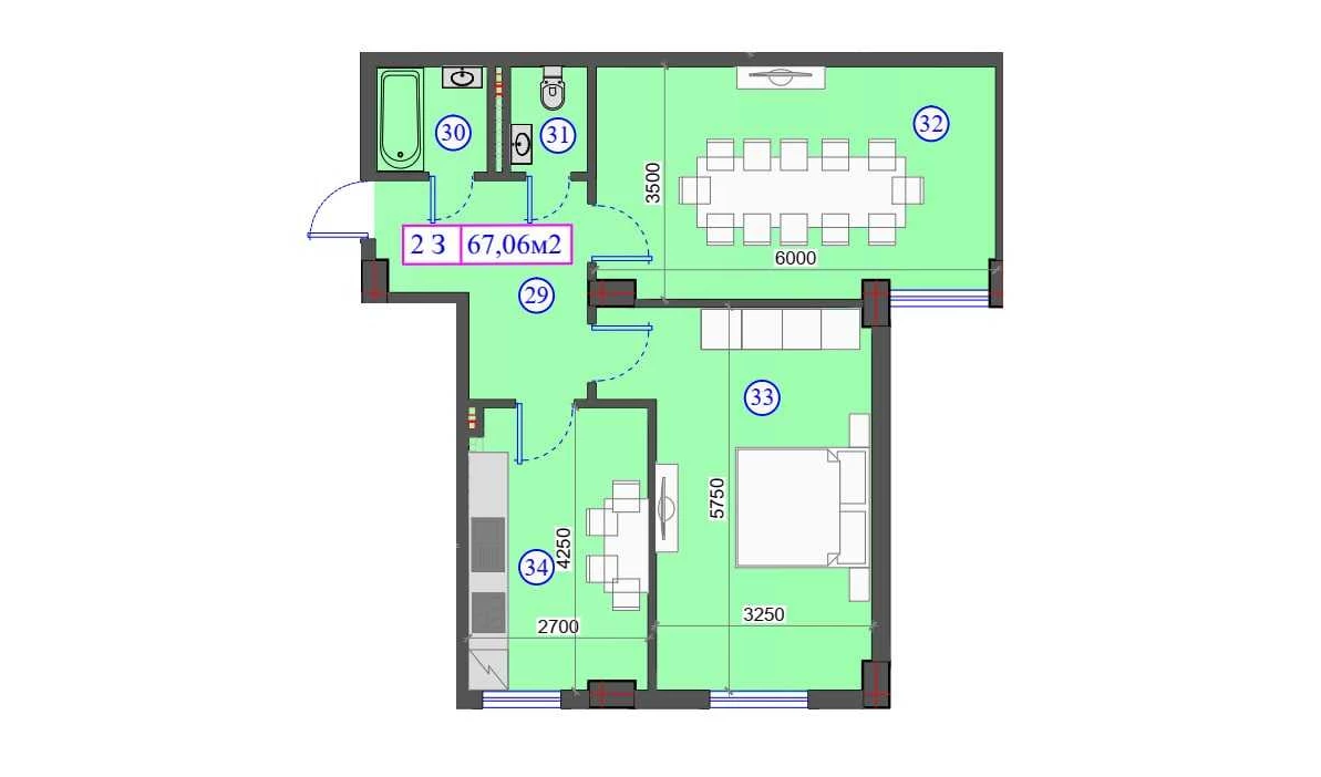 2-комнатная квартира 67.06 м²  1/1 этаж