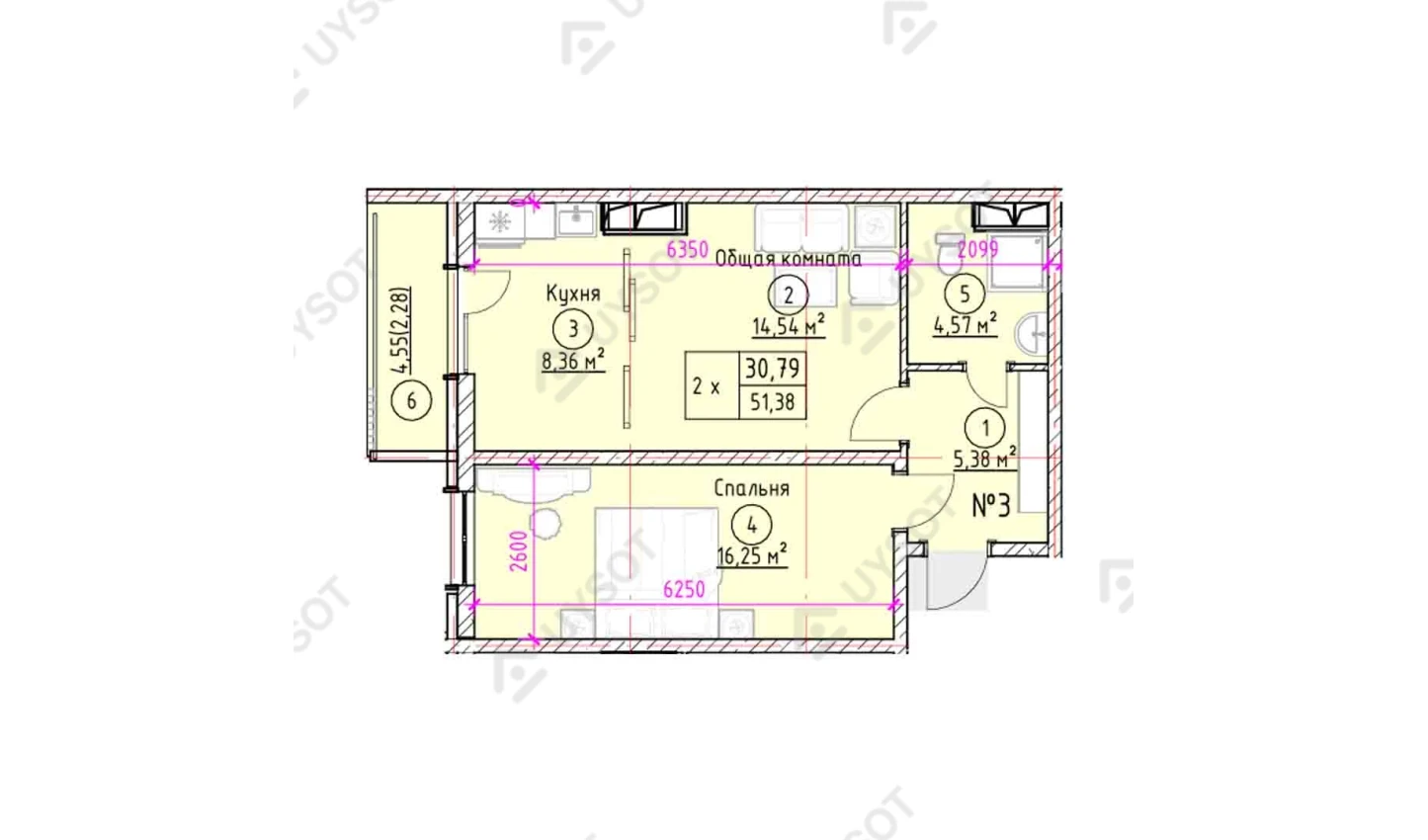 2-комнатная квартира 51.38 м²  2-6/2-6 этаж