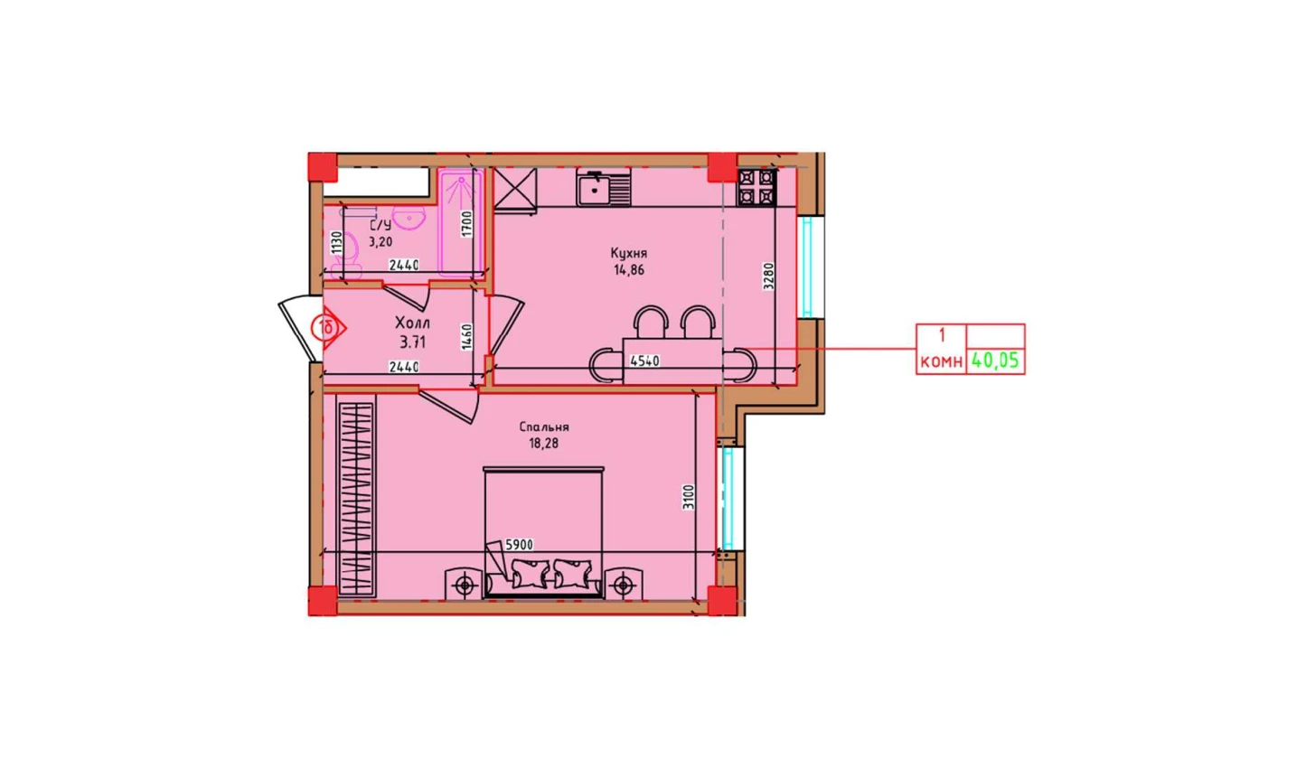 1-xonali xonadon 40.05 m²  1/1 qavat