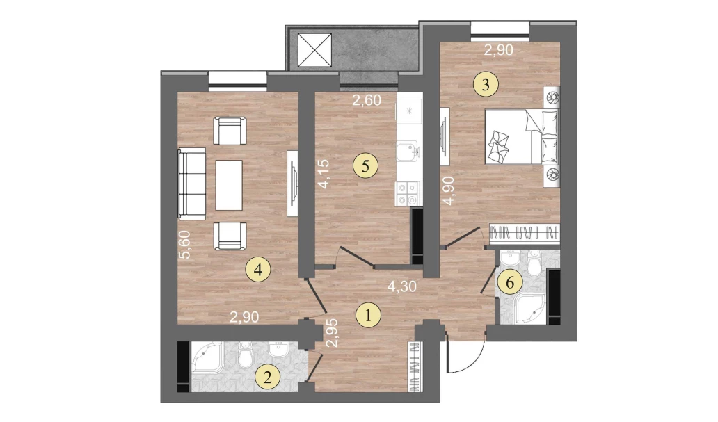 2-xonali xonadon 57 m²  1/1 qavat