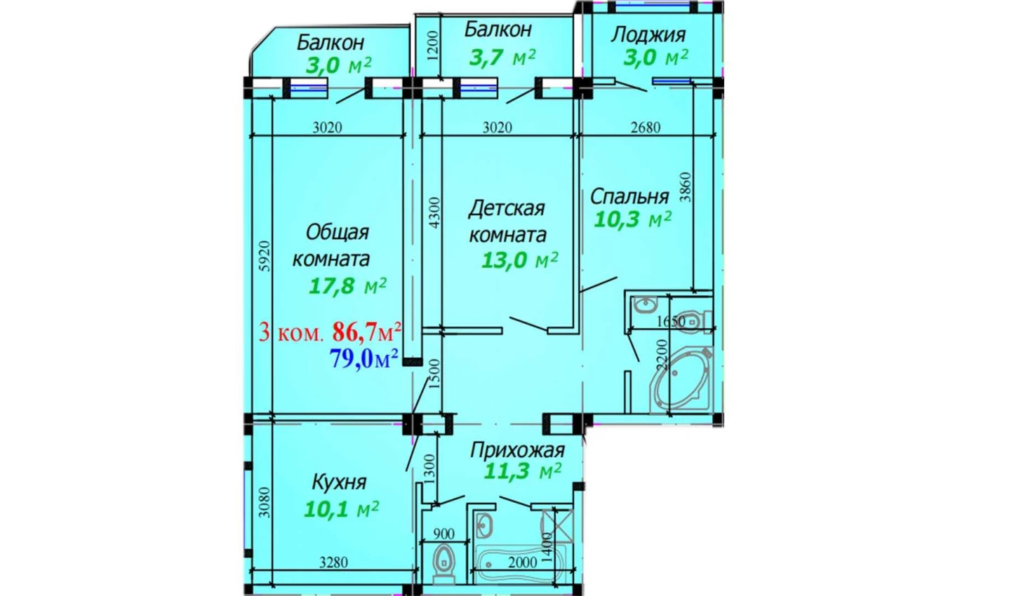 3-комнатная квартира 93.4 м²  3/3 этаж