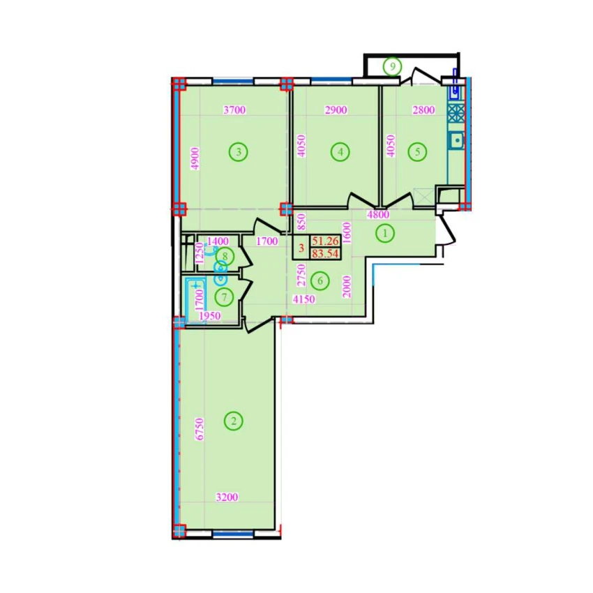 3-xonali xonadon 83.54 m²  4/9 qavat | Bog’zor Turar-joy majmuasi