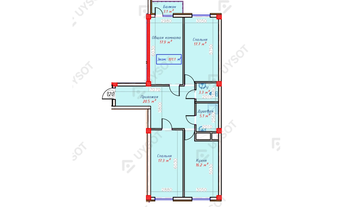 3-комнатная квартира 101.1 м²  6/6 этаж