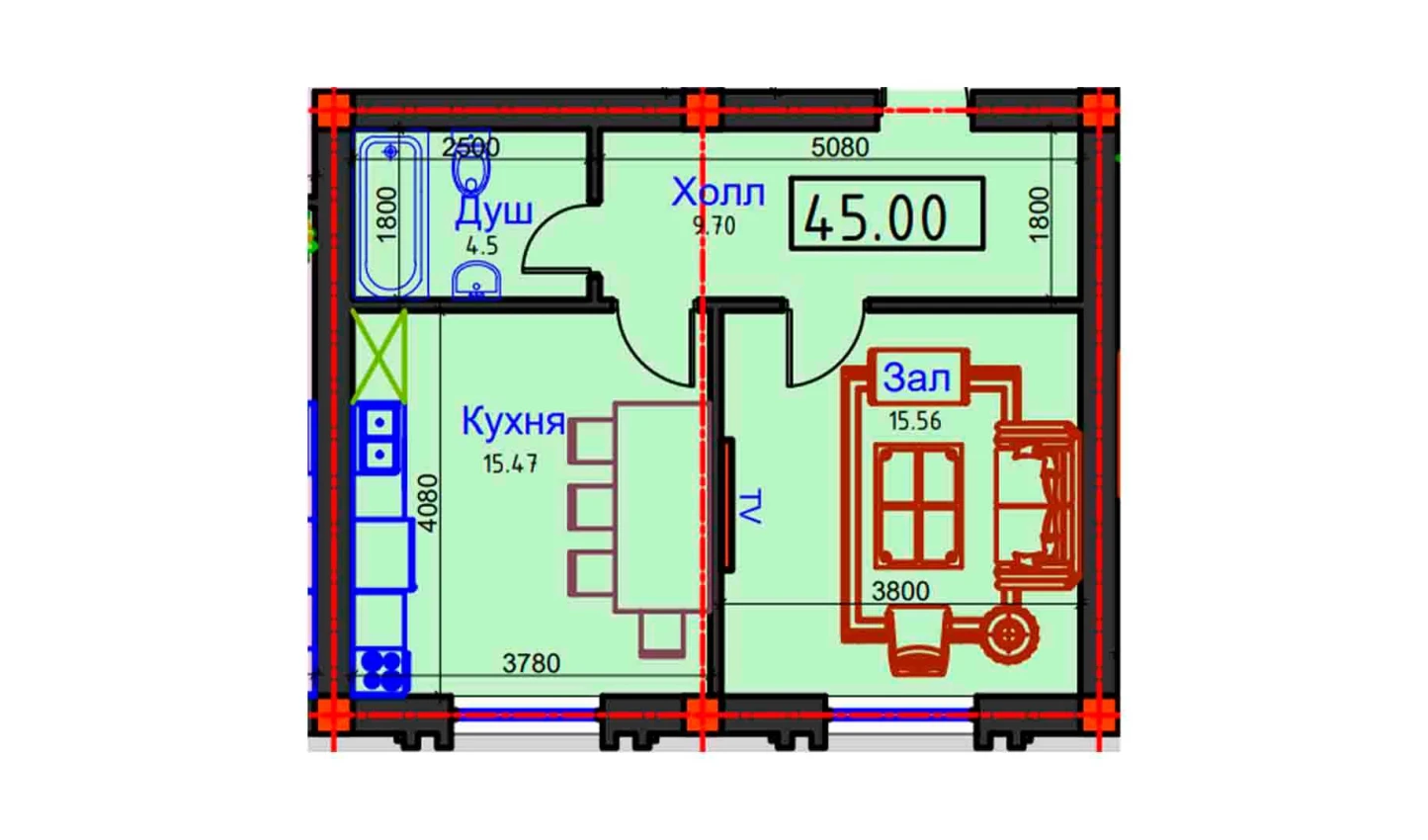 1-комнатная квартира 45 м²  1/1 этаж