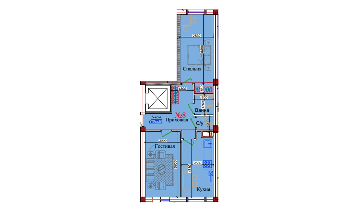 2-комнатная квартира 77.3 м²  5/5 этаж