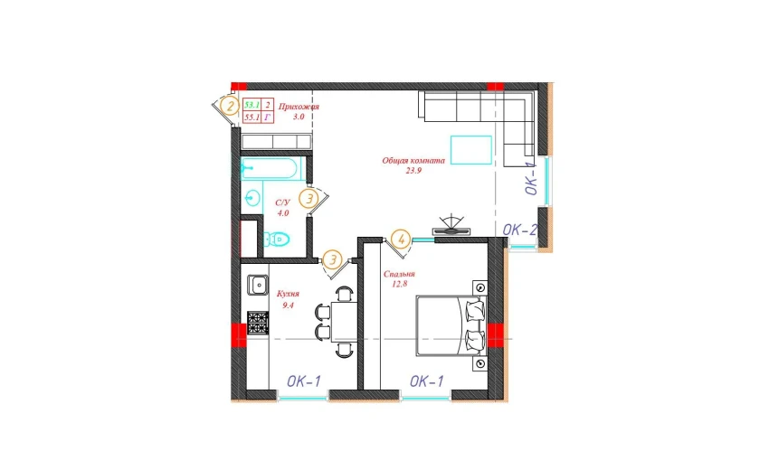 2-xonali xonadon 55.1 m²  1/5 qavat | CHINARA PARK Turar-joy majmuasi