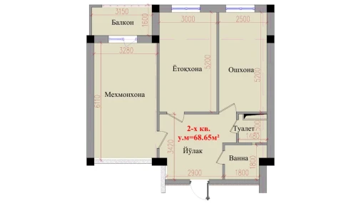 2-xonali xonadon 68.65 m²  2/8 qavat | Saxro Turar-joy majmuasi