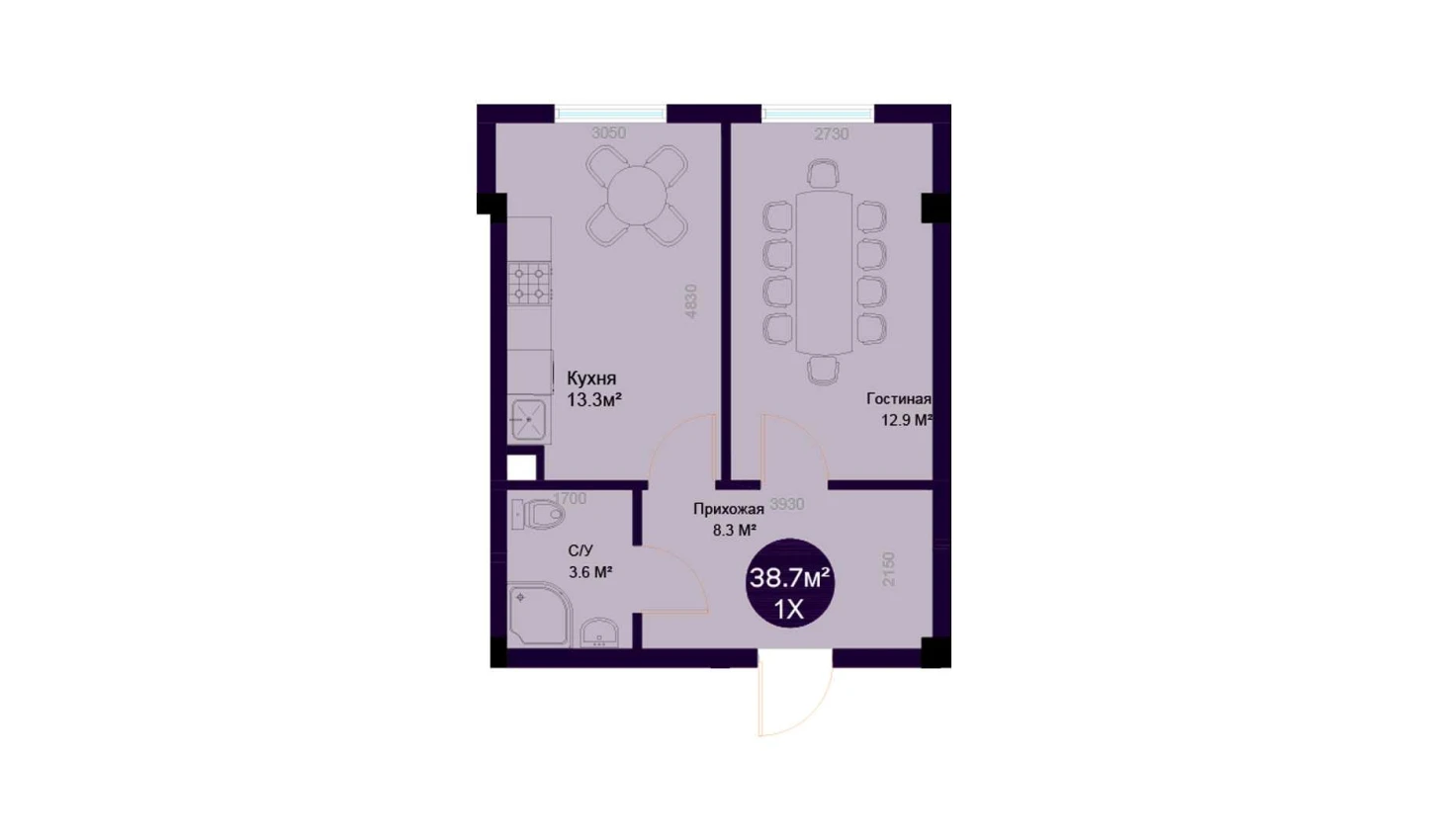 1-комнатная квартира 38.7 м²  1/1 этаж