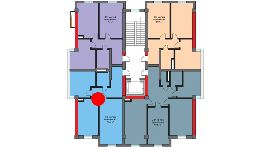 2-xonali xonadon 74.4 m²  3/3 qavat