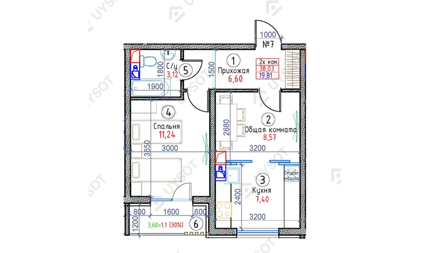 2-xonali xonadon 38.03 m²  2-8/2-8 qavat