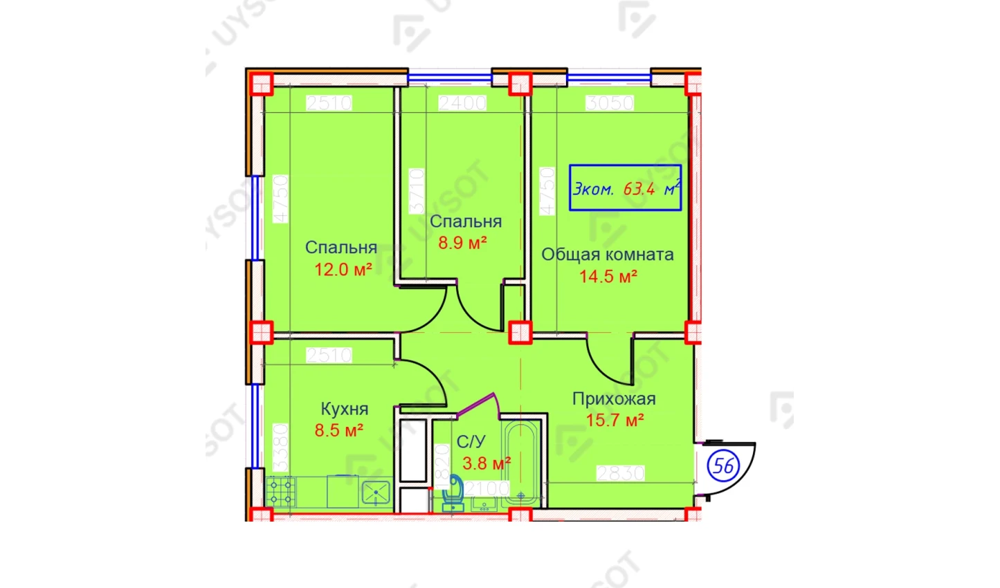 3-xonali xonadon 63.4 m²  2/2 qavat