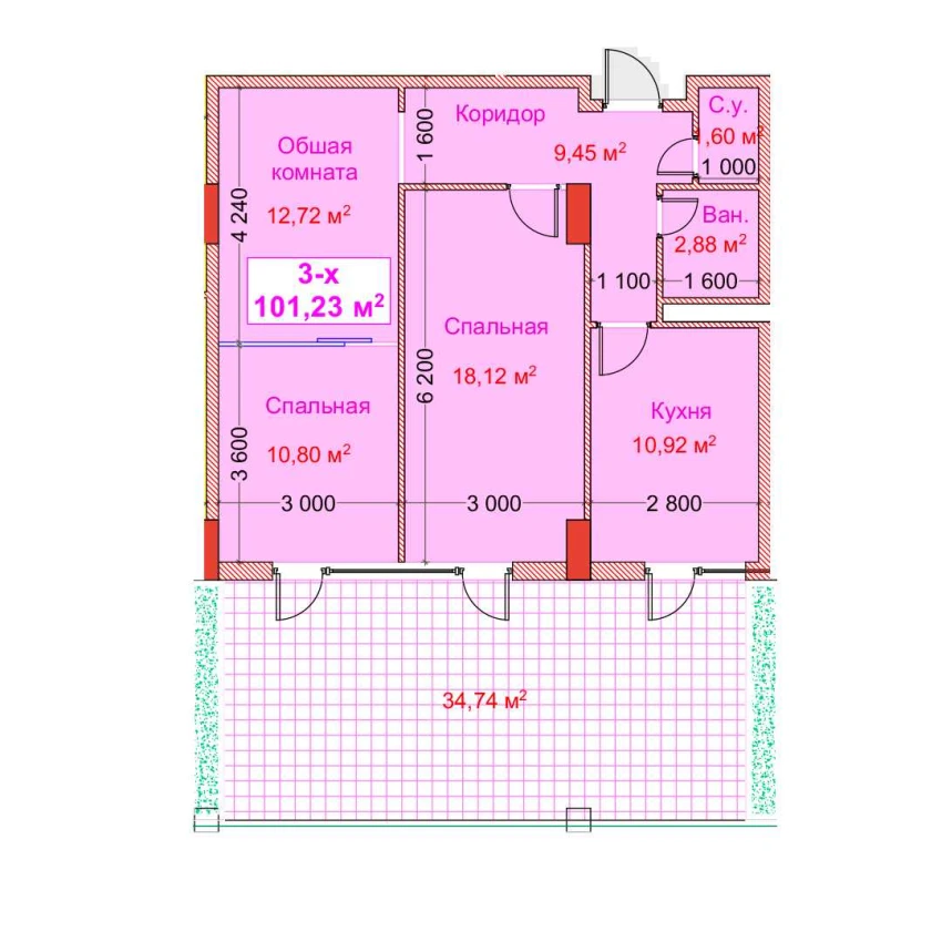 3-xonali xonadon 101.23 m²  2/8 qavat | CAPITAL AVENUE Turar-joy majmuasi