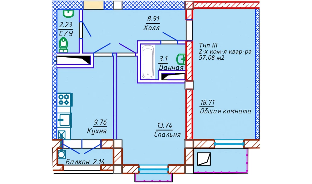 2-xonali xonadon 57.08 m²  4/10 qavat | Samarqand Park Avenue Turar-joy majmuasi