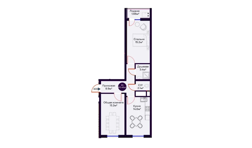 2-xonali xonadon 60.45 m²  15/16 qavat | Crystal Avenue Turar-joy majmuasi