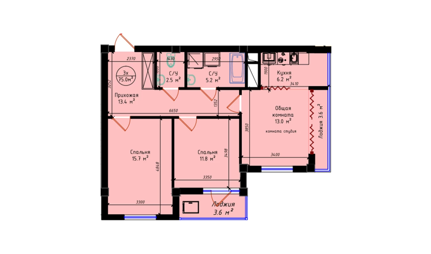 3-комнатная квартира 75 м²  20/20 этаж