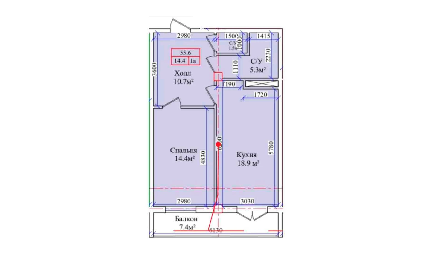 1-комнатная квартира 55.6 м²  6/6 этаж