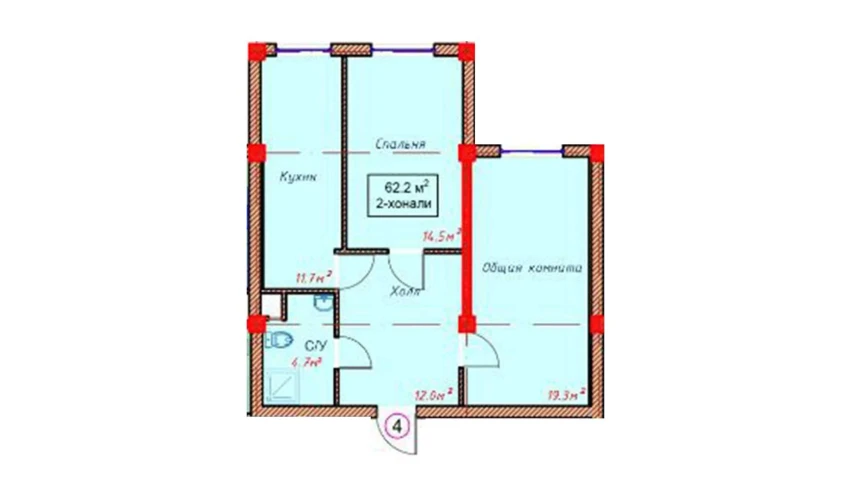 2-комнатная квартира 62.2 м²  1/9 этаж | Жилой комплекс Orzular