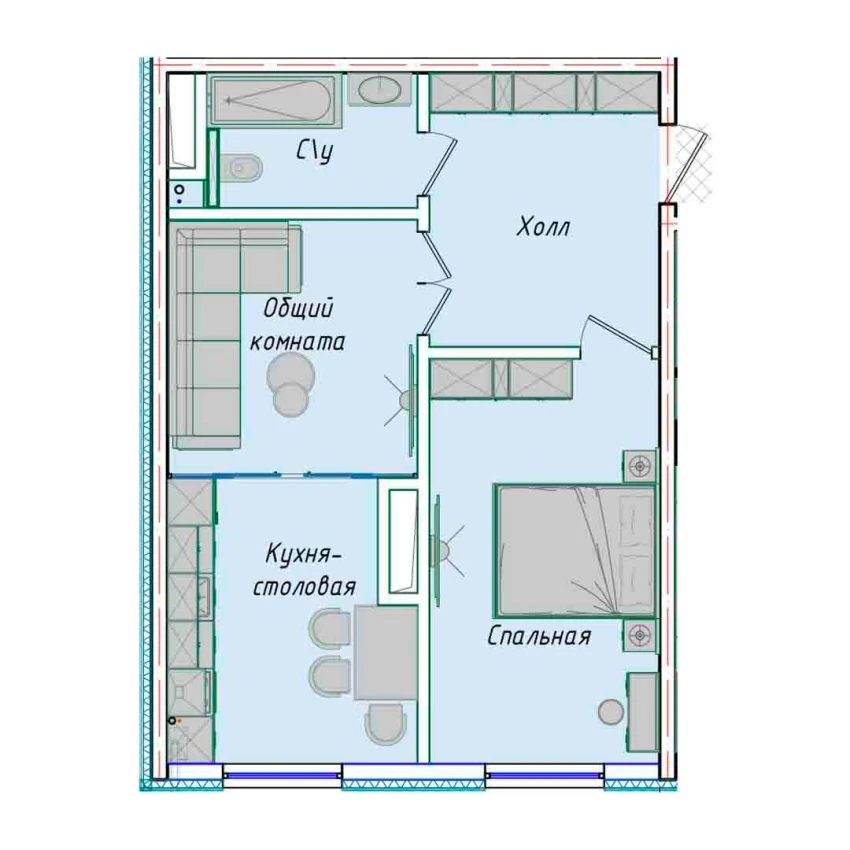 2-комнатная квартира 50.7 м²  1/1 этаж