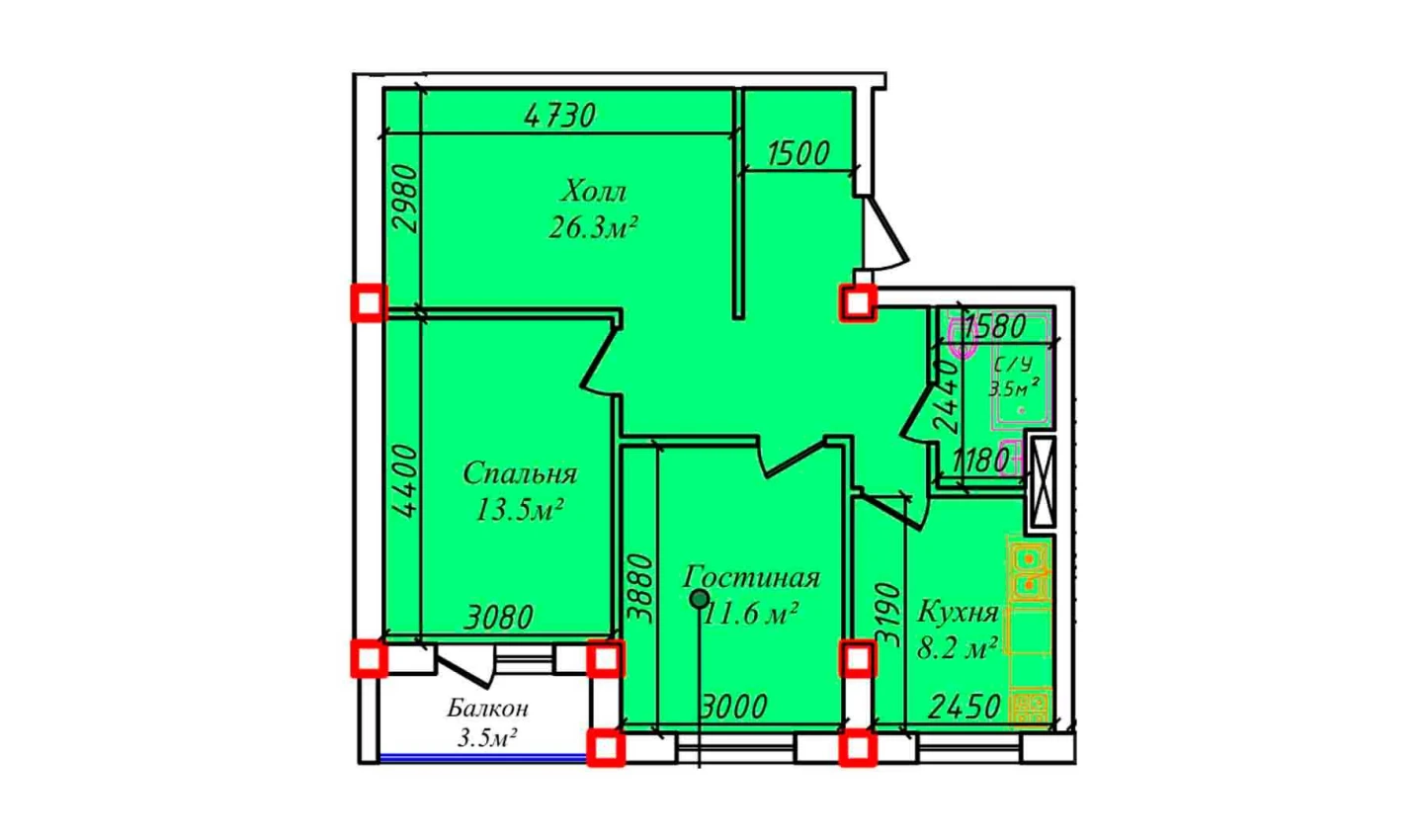 2-xonali xonadon 74.8 m²  4/4 qavat