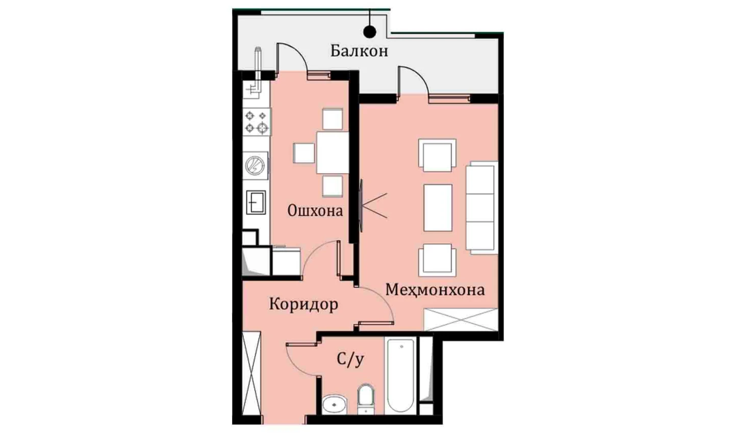 1-xonali xonadon 36.03 m²  11/16 qavat | SOKIN DIYOR Turar-joy majmuasi