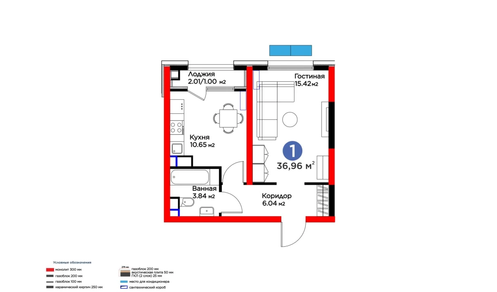 1-комнатная квартира 36.96 м²  5/5 этаж