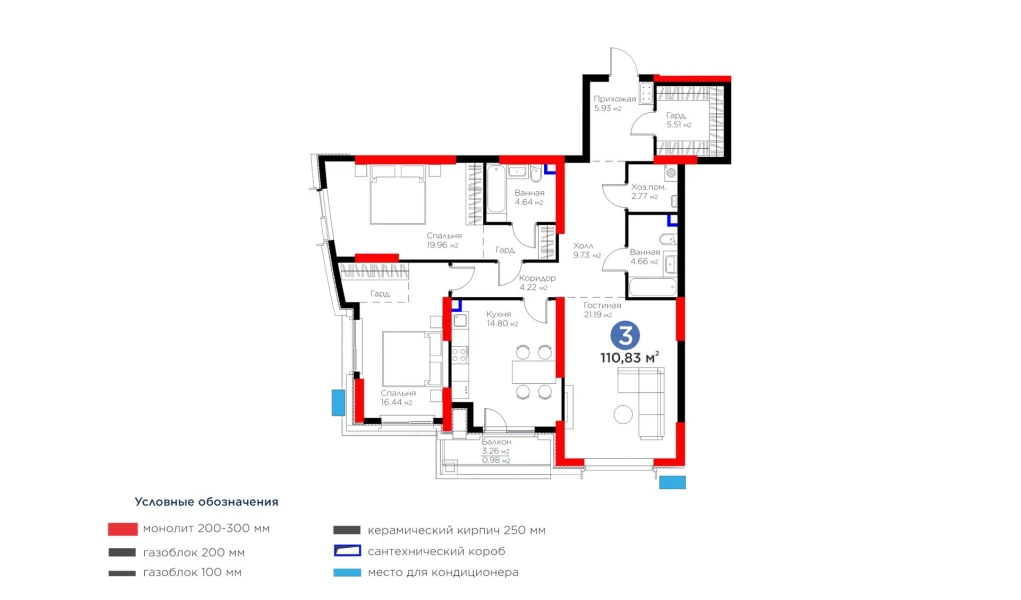 3-комнатная квартира 110.83 м²  2/2 этаж