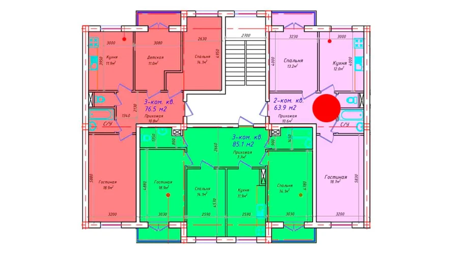 2-xonali xonadon 63.9 m²  4/4 qavat