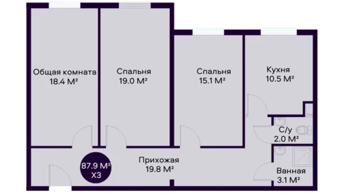 3-комнатная квартира 87.9 м²  1/9 этаж | Жилой комплекс YAQINLAR