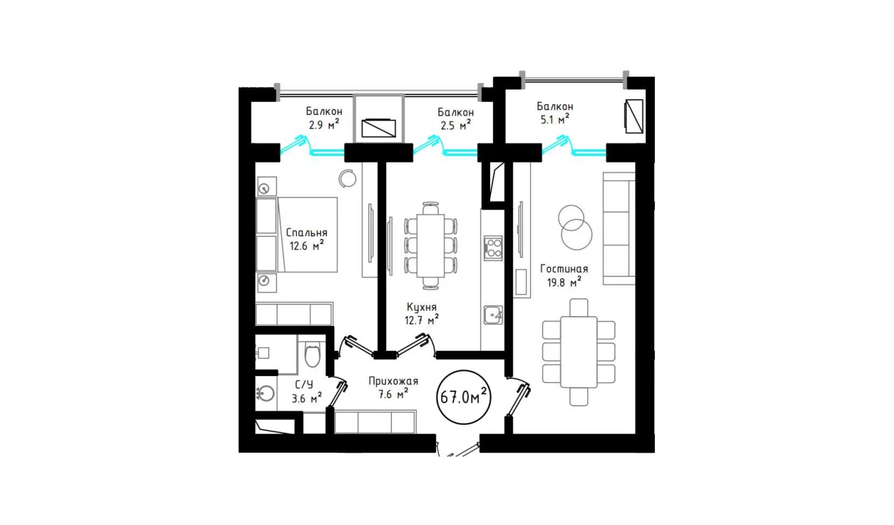 2-xonali xonadon 67 m²  6/6 qavat