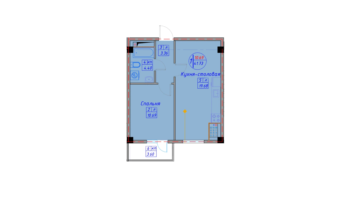 1-комнатная квартира 45.76 м²  2/2 этаж