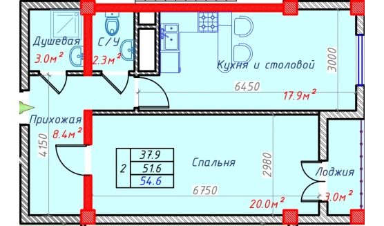 2-xonali xonadon 54.6 m²  4/4 qavat