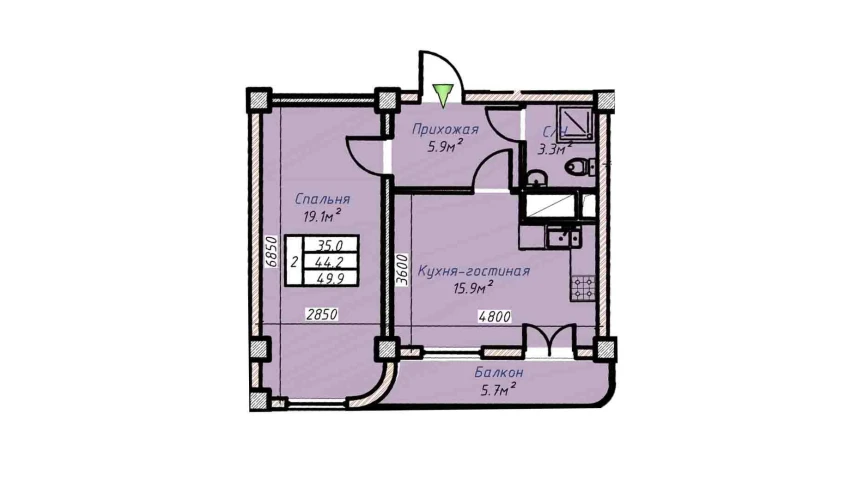 2-xonali xonadon 49.9 m²  6/16 qavat | Havas Premium Turar-joy majmuasi