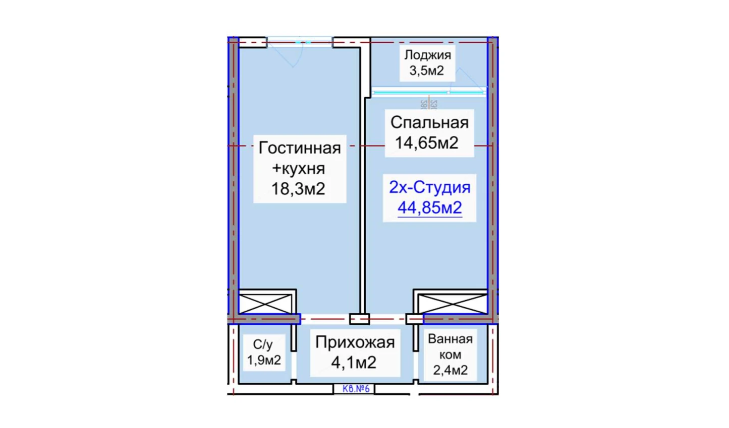 2-комнатная квартира 44.85 м²  9/9 этаж